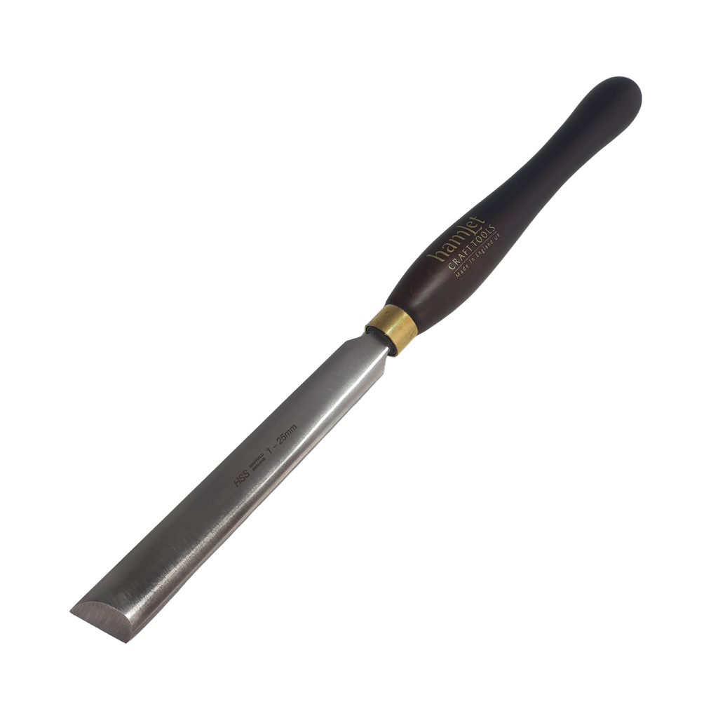 high speed steel 1" woodturning oval skew chisel with wooden handle on a white background