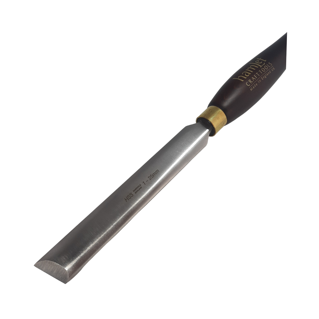close up of high speed steel 1" woodturning oval skew chisel with wooden handle on a white background