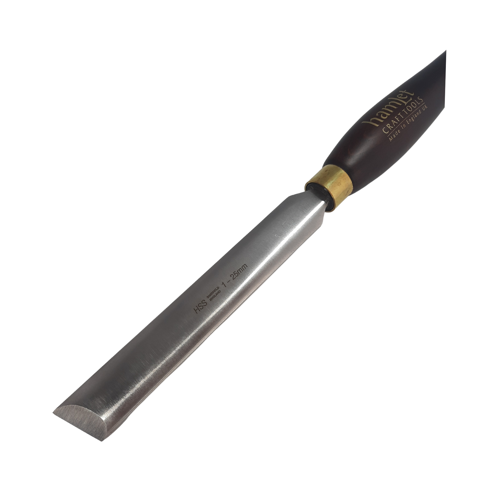 close up of high speed steel 1" woodturning oval skew chisel with wooden handle on a white background