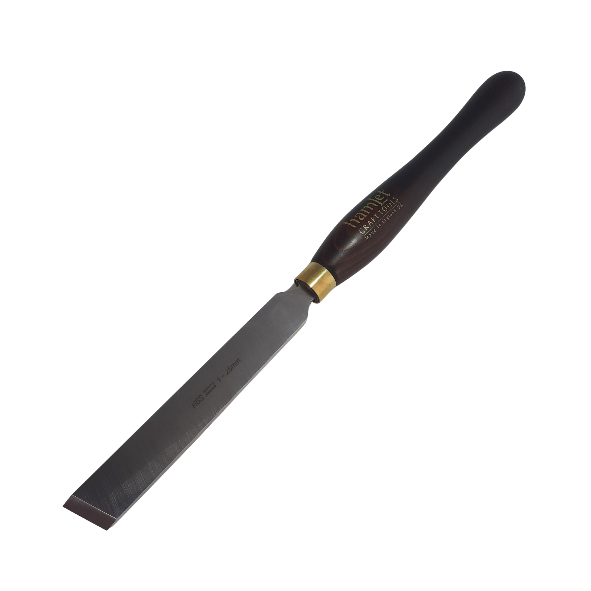 high speed steel woodturning skew chisel with wooden handle on a white background