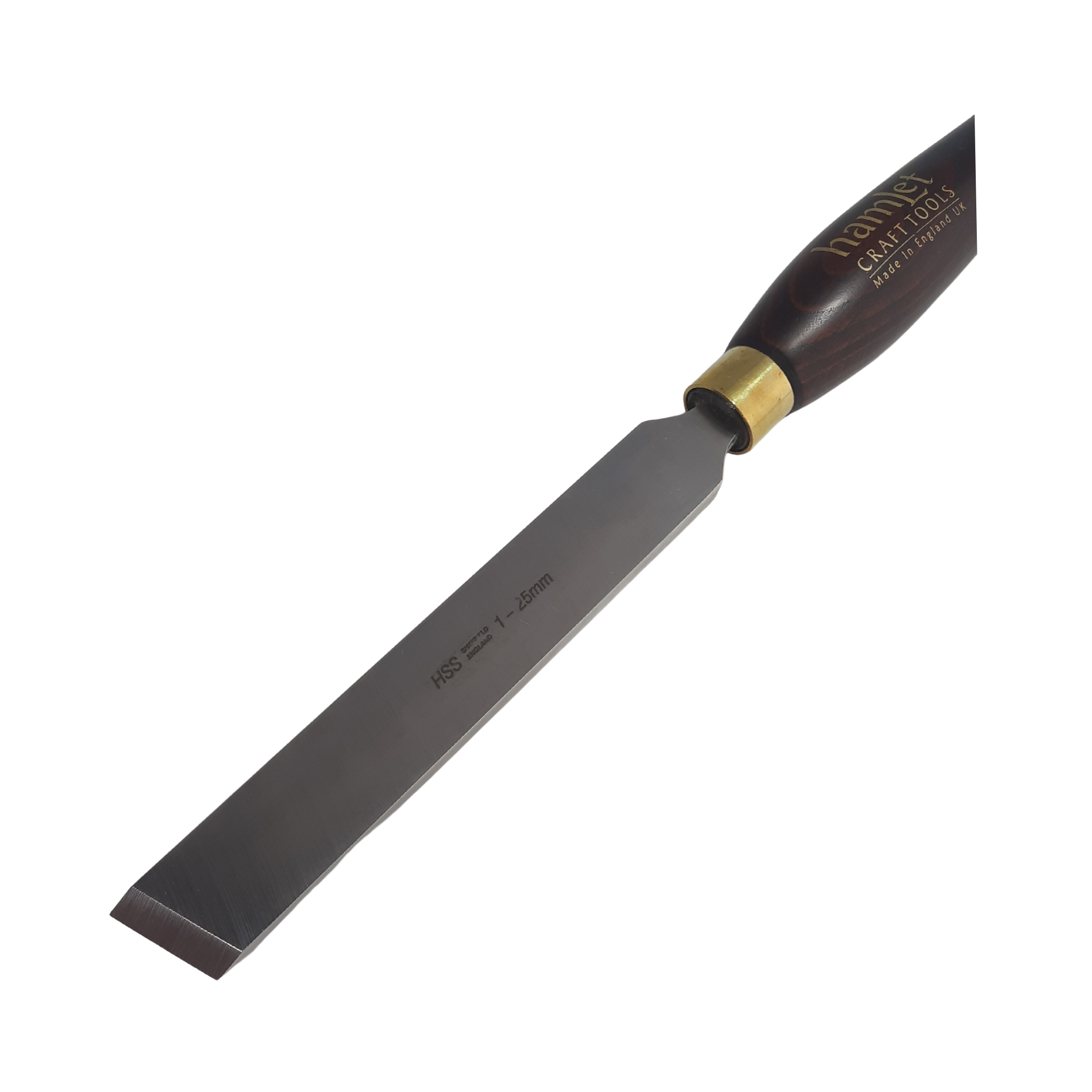 close up of high speed steel woodturning skew chisel with wooden handle on a white background