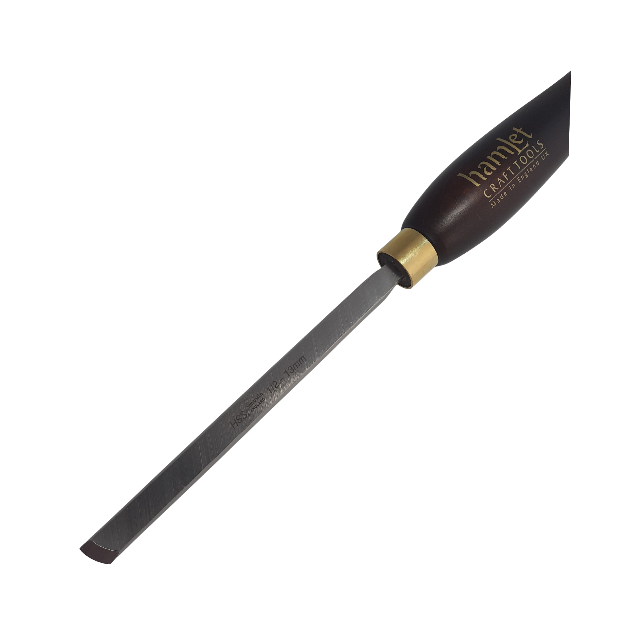 close up of high speed steel woodturning radius skew chisel with wooden handle on a white background