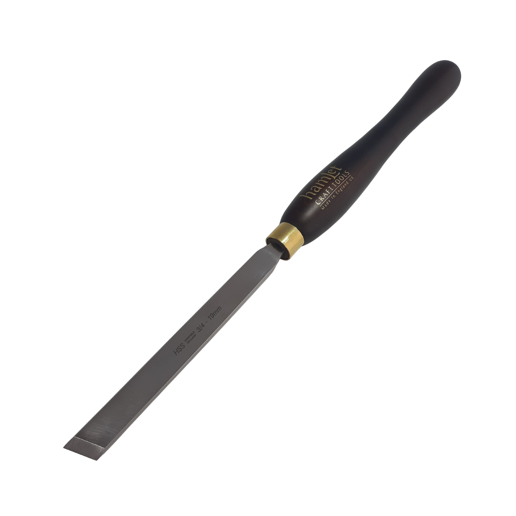 high speed steel woodturning rolled edge skew chisel with wooden handle on a white background