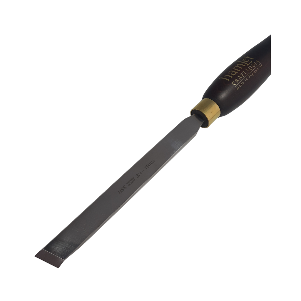 close up of high speed steel woodturning rolled edge skew chisel with wooden handle on a white background