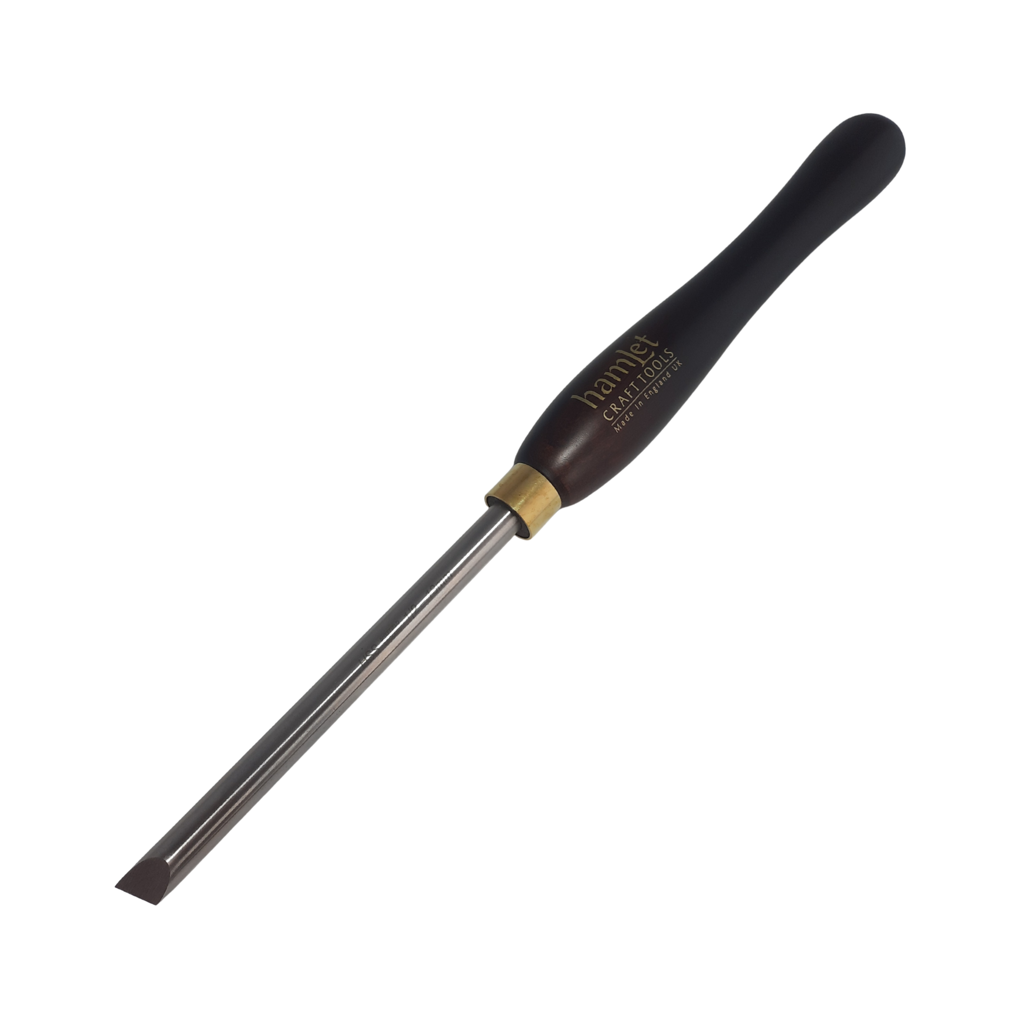 high speed steel woodturning round bar skew with wooden handle on a white background