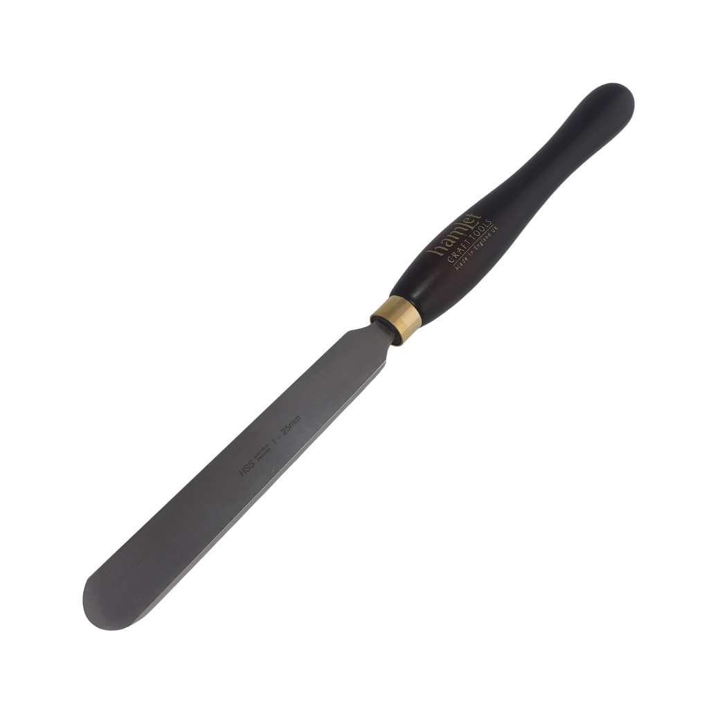 high speed steel woodturning round nose scraper with wooden handle on a white background