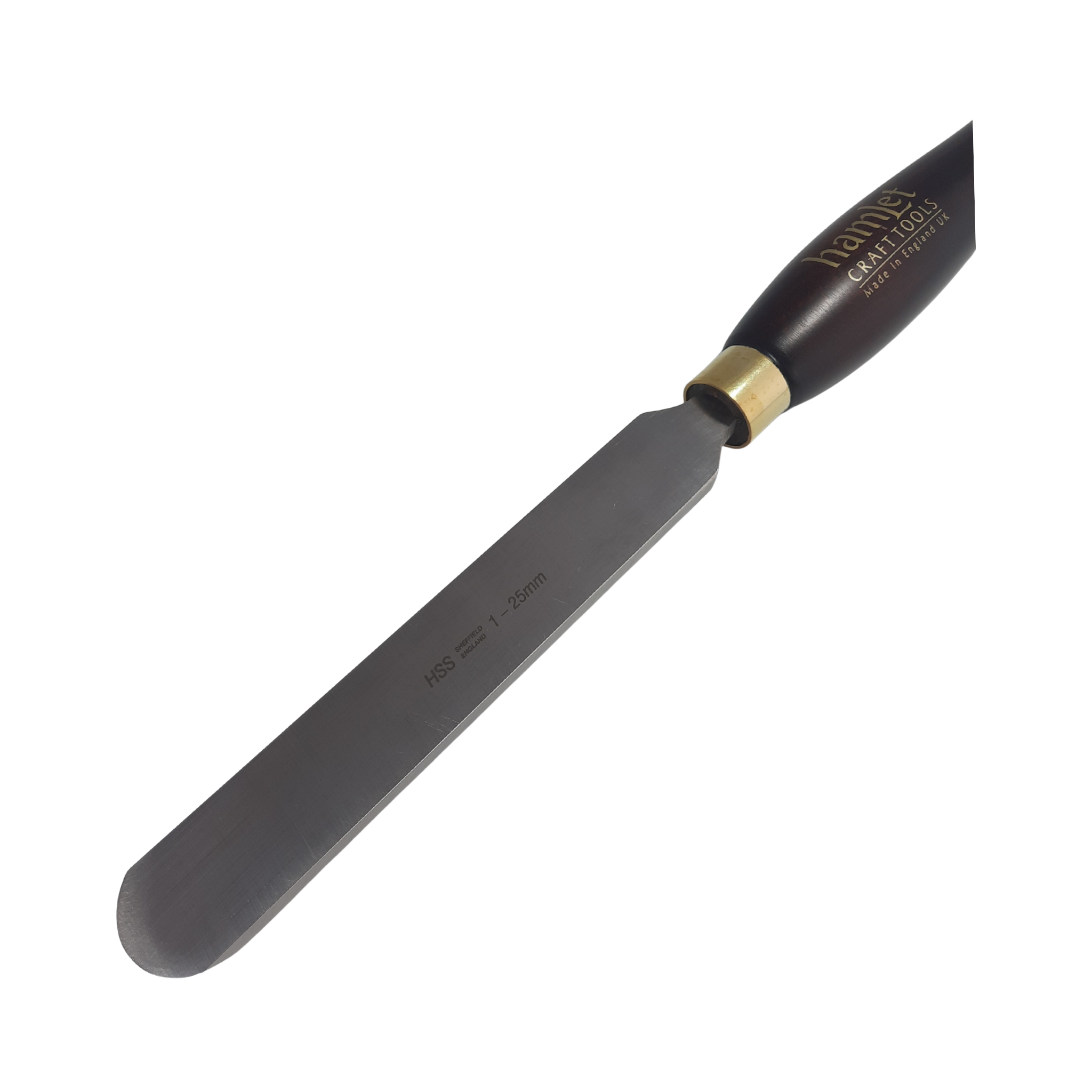 close up of high speed steel woodturning round nose scraper with wooden handle on a white background