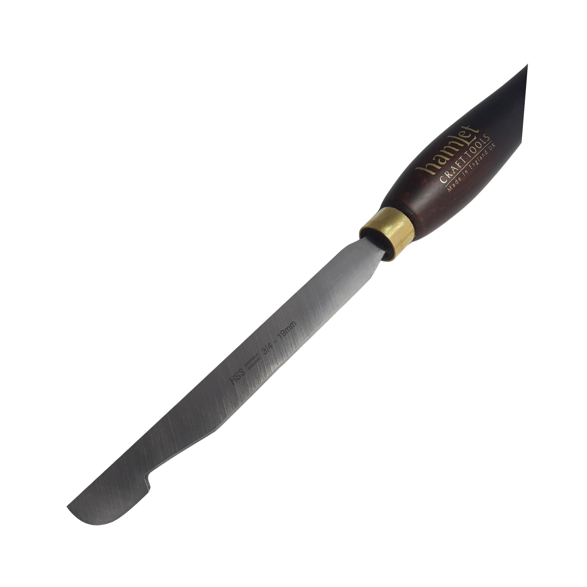 close up of high speed steel woodturning round side scraper with wooden handle on a white background