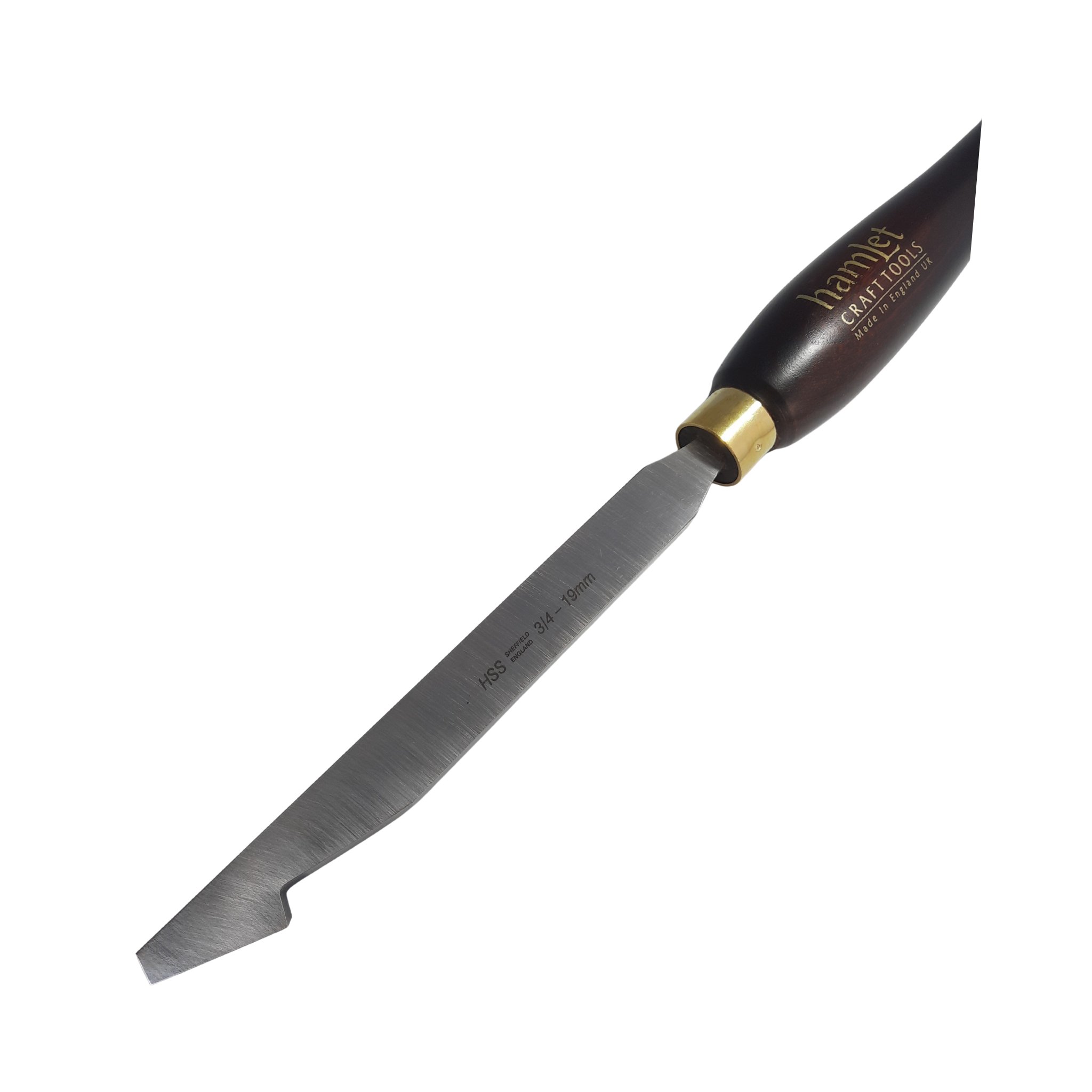 close up of high speed steel woodturning diamond side scraper with wooden handle on a white background
