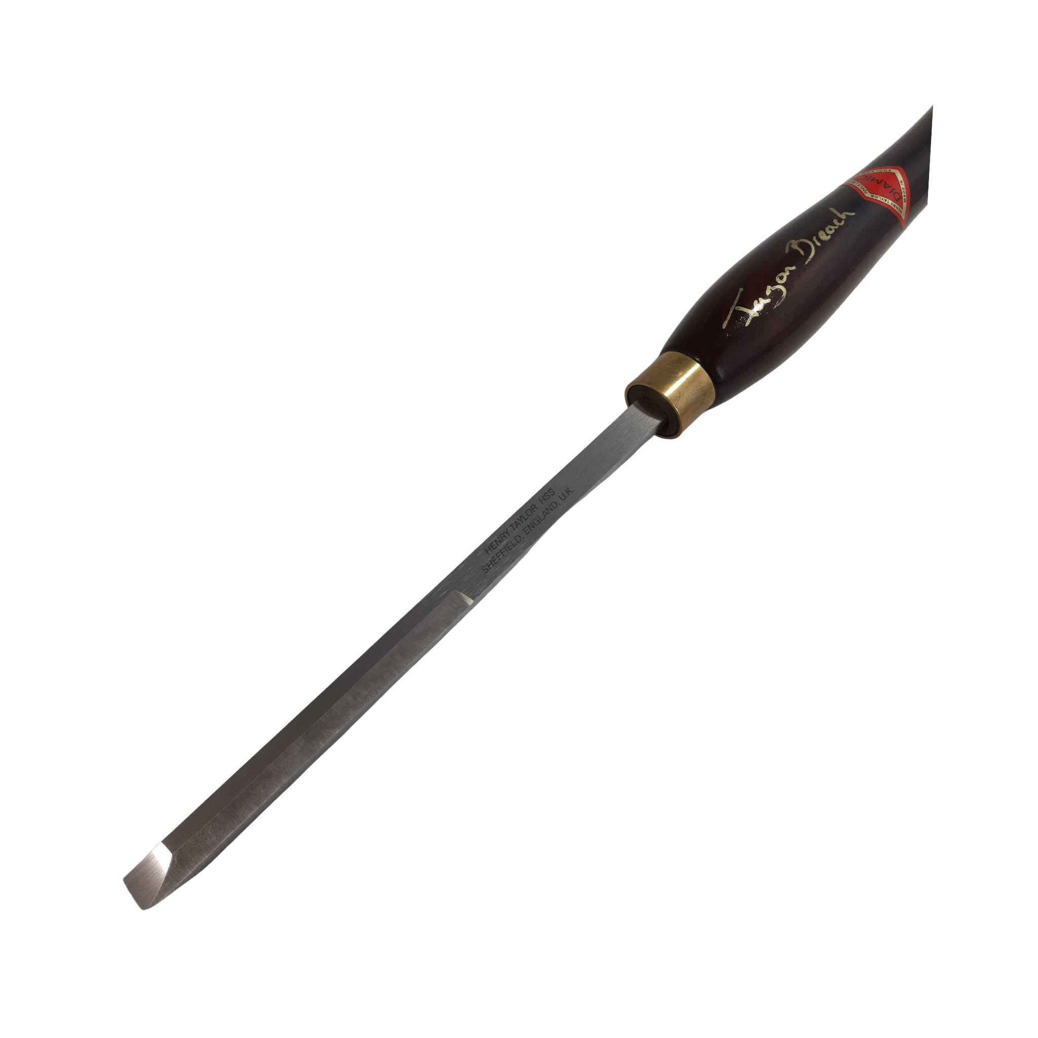 close up of woodturning box scraper with high speed steel blade and wooden handle on a white background
