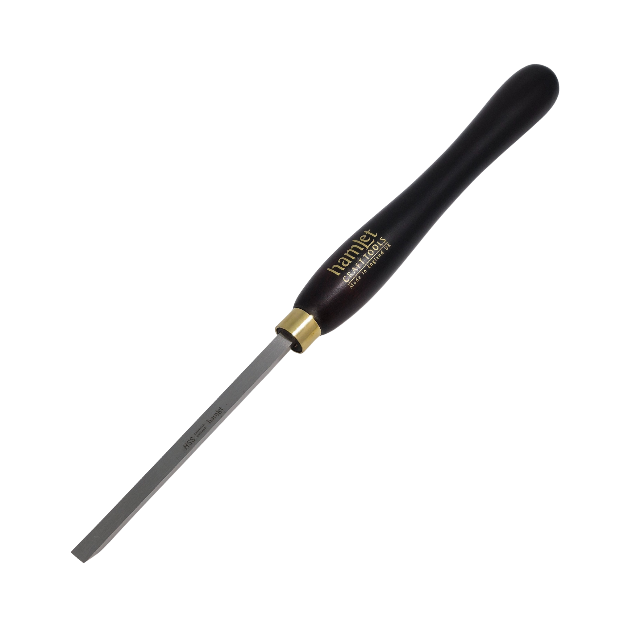 high speed steel woodturning bedan tool with wooden handle on a white background