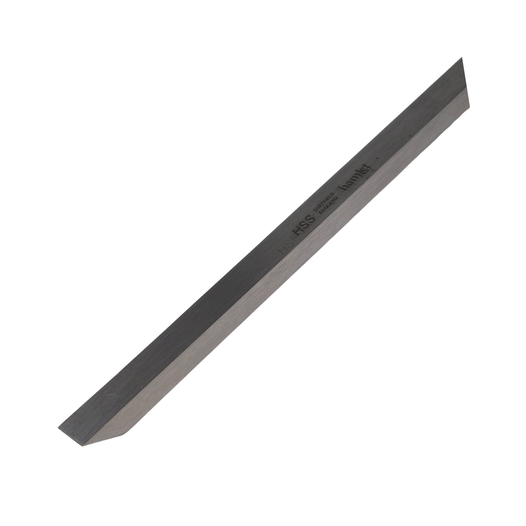 close up of high speed steel woodturning bedan tool blade on a white background