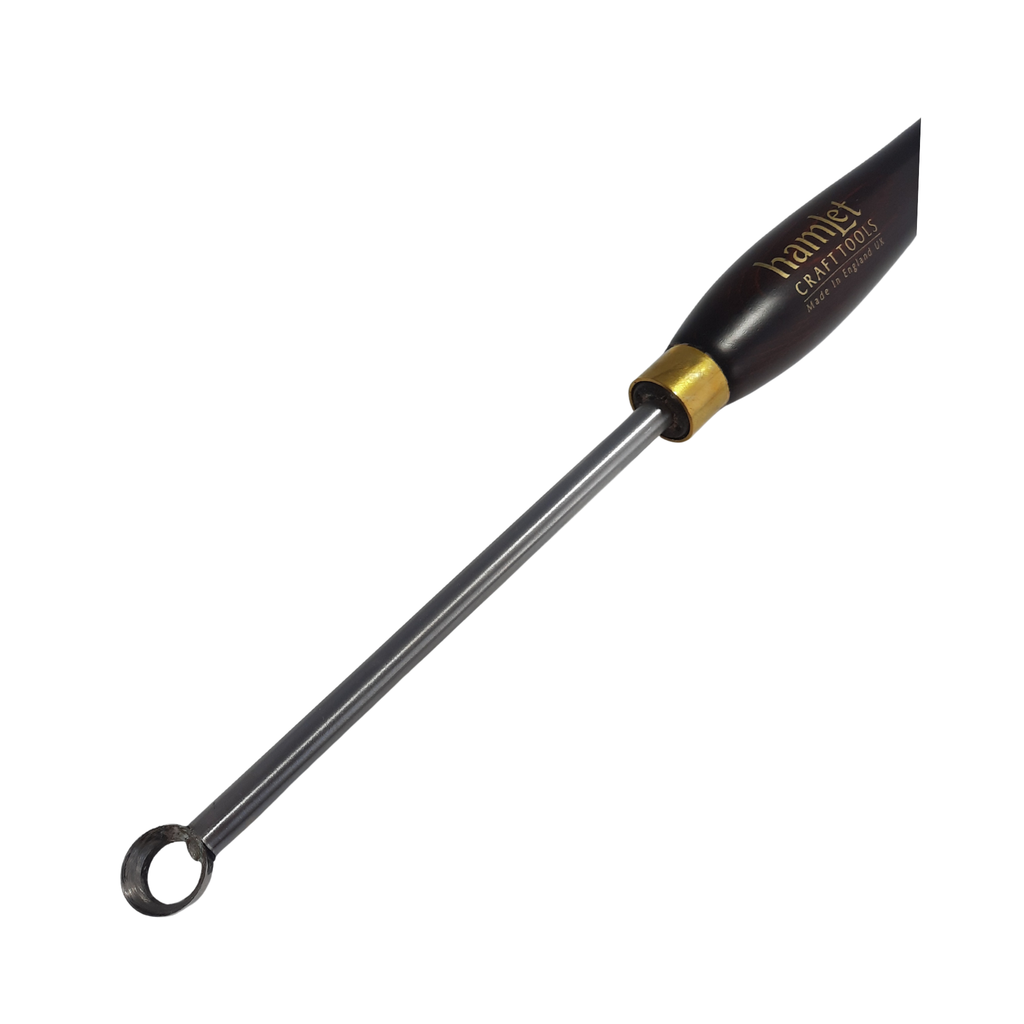 close up of high speed steel 1/2" woodturning ring tool with wooden handle on a white background