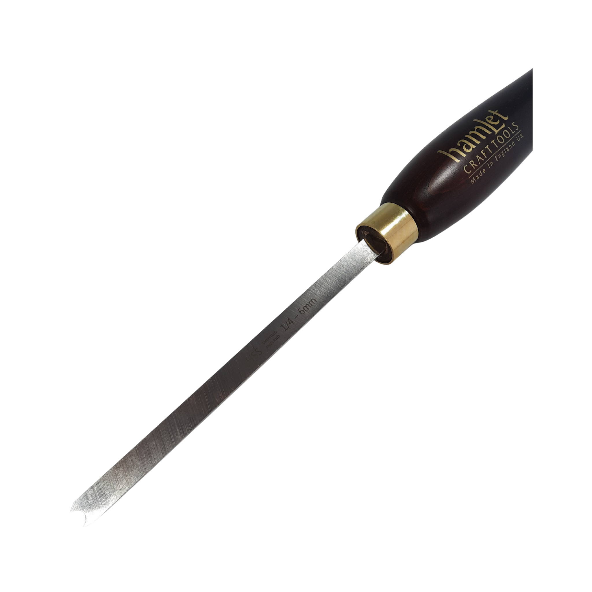close up of high speed steel 1/4" woodturning bead forming tool with wooden handle on a white background