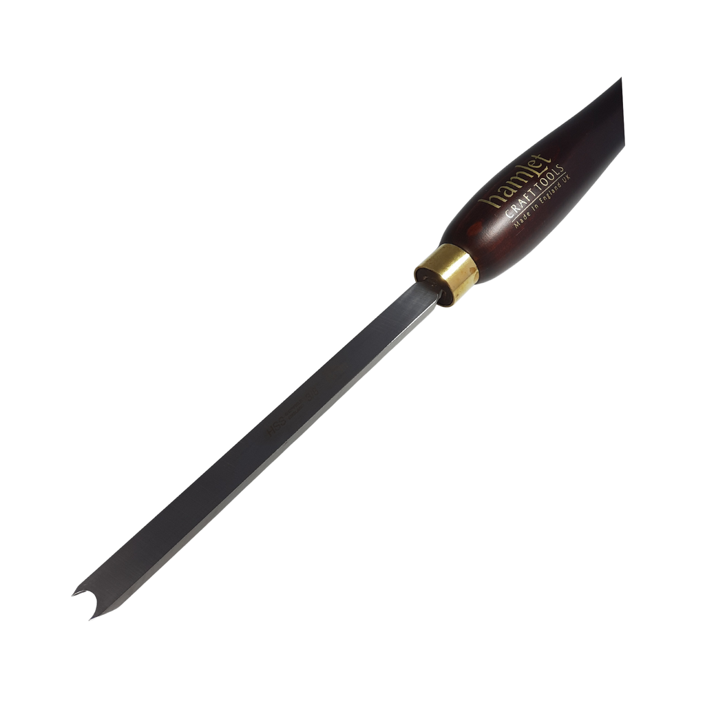 close up of high speed steel 3/8" woodturning bead forming tool with wooden handle on a white background