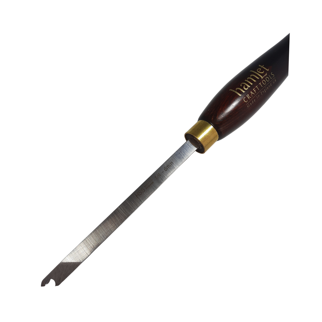 close up of high speed steel 1/4" woodturning captive ring tool with wooden handle on a white background