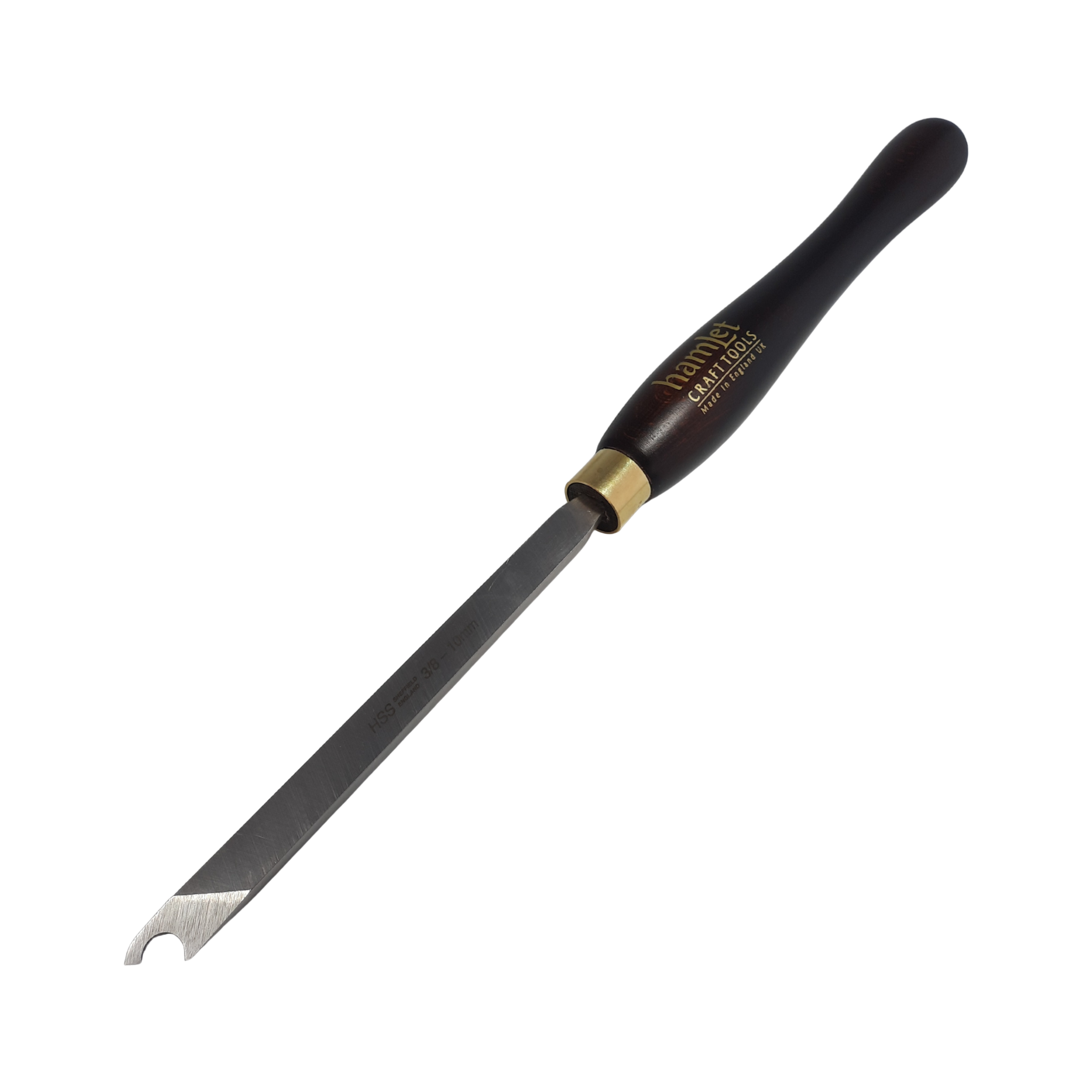 high speed steel 3/8" woodturning captive ring tool with wooden handle on a white background