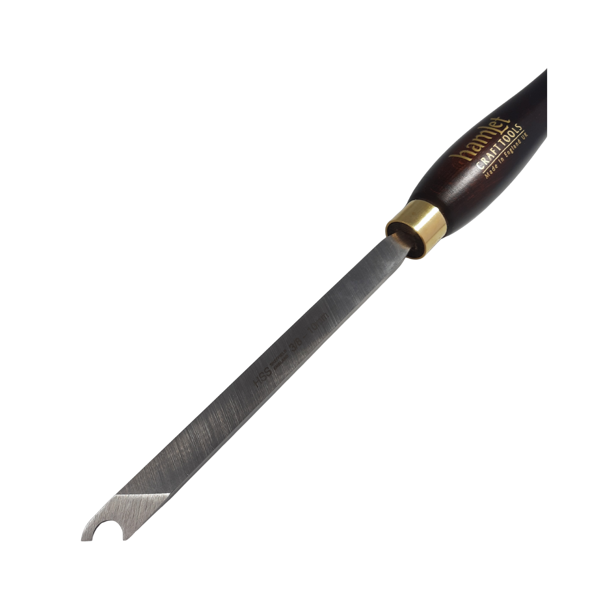 close up of high speed steel 3/8" woodturning captive ring tool with wooden handle on a white background