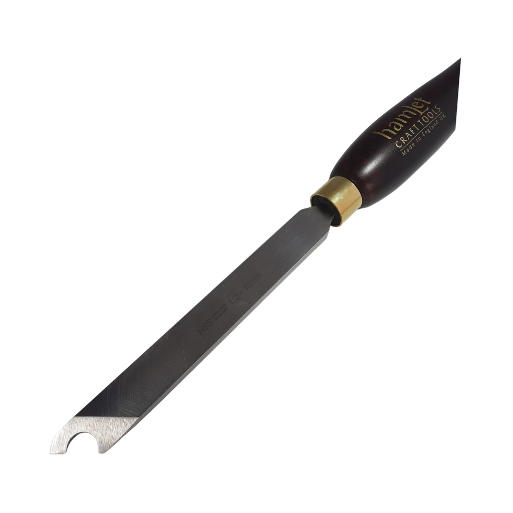 close up of high speed steel 1/2" woodturning captive ring tool with wooden handle on a white background