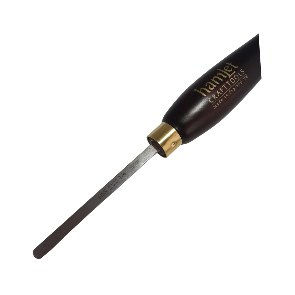 close up of high speed steel woodturning square  hollowing tool with wooden handle on a white background