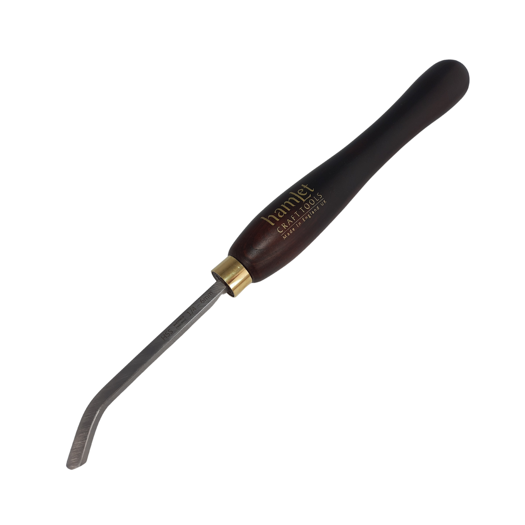 high speed steel woodturning square  hollowing tool bent at 45 degrees with wooden handle on a white background