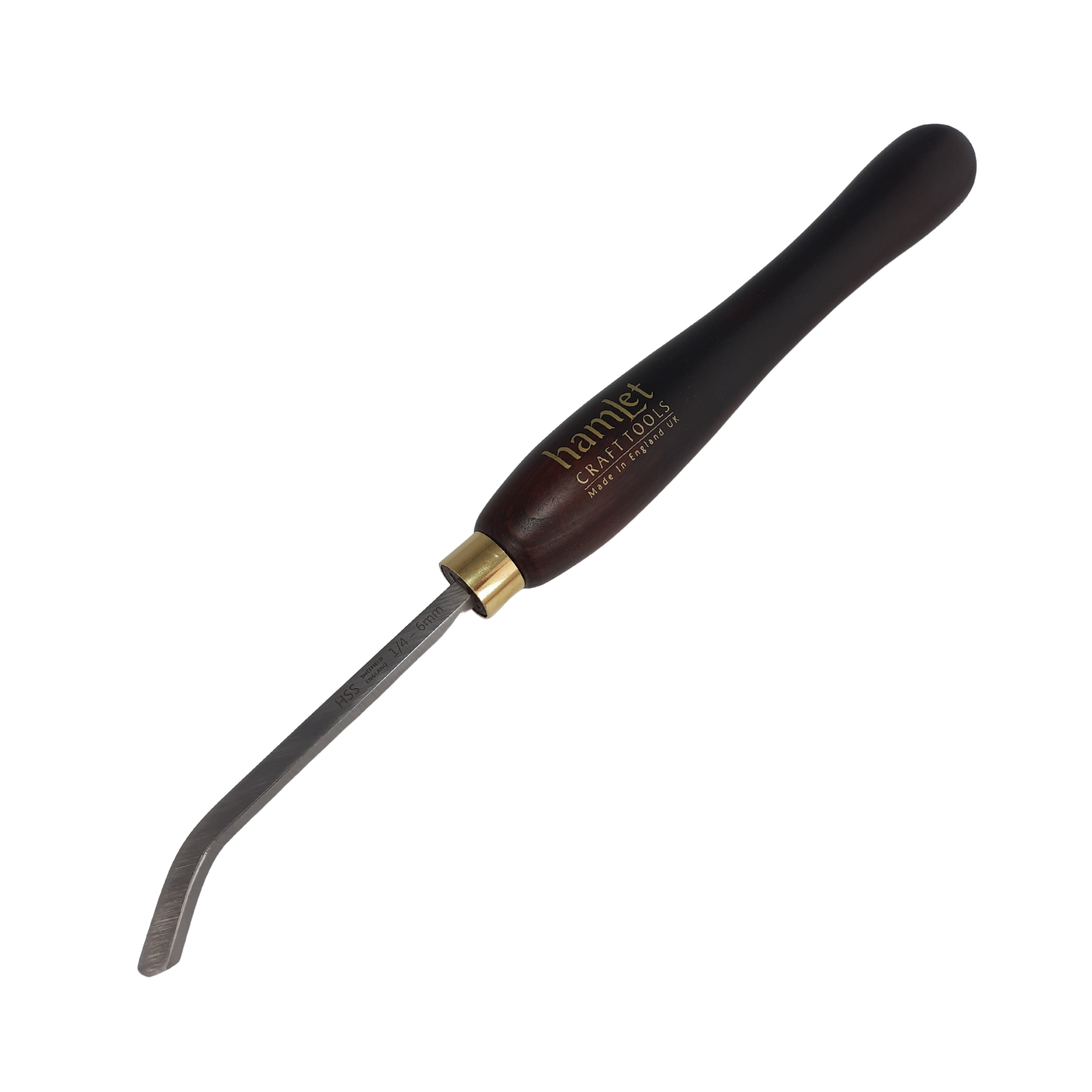 high speed steel woodturning square  hollowing tool bent at 45 degrees with wooden handle on a white background