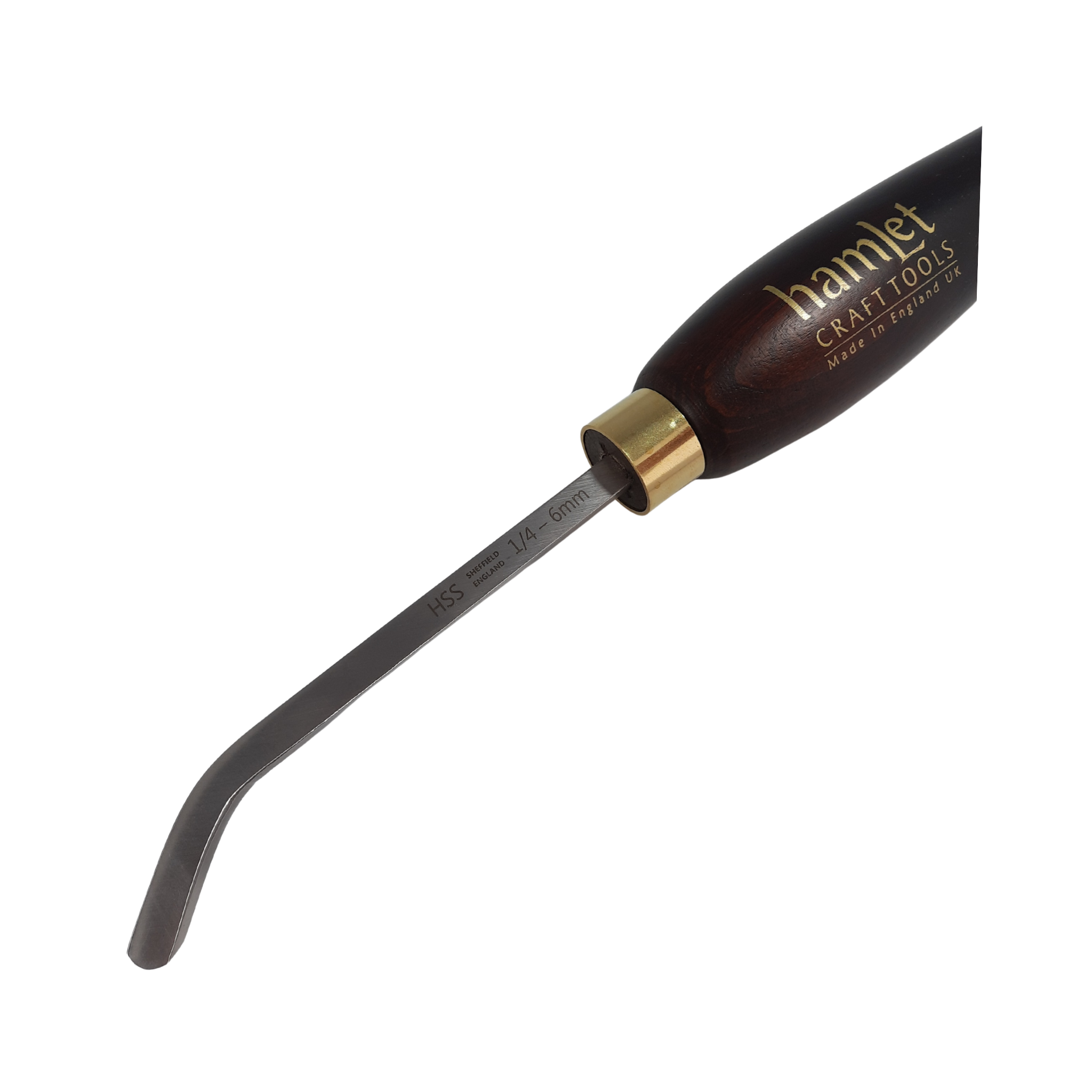 close up of high speed steel woodturning square  hollowing tool bent at 45 degrees with wooden handle on a white background