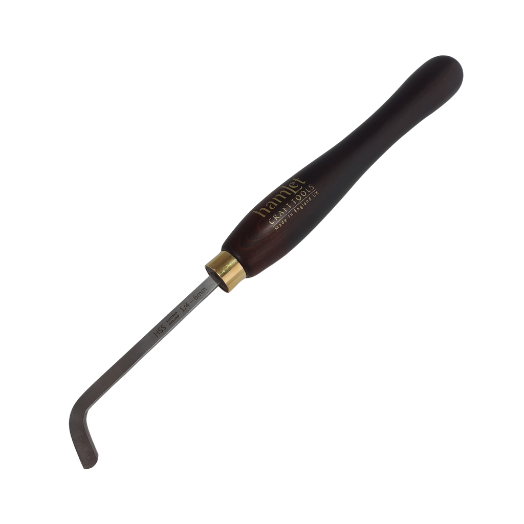 high speed steel woodturning square  hollowing tool bent at 80 degrees with wooden handle on a white background