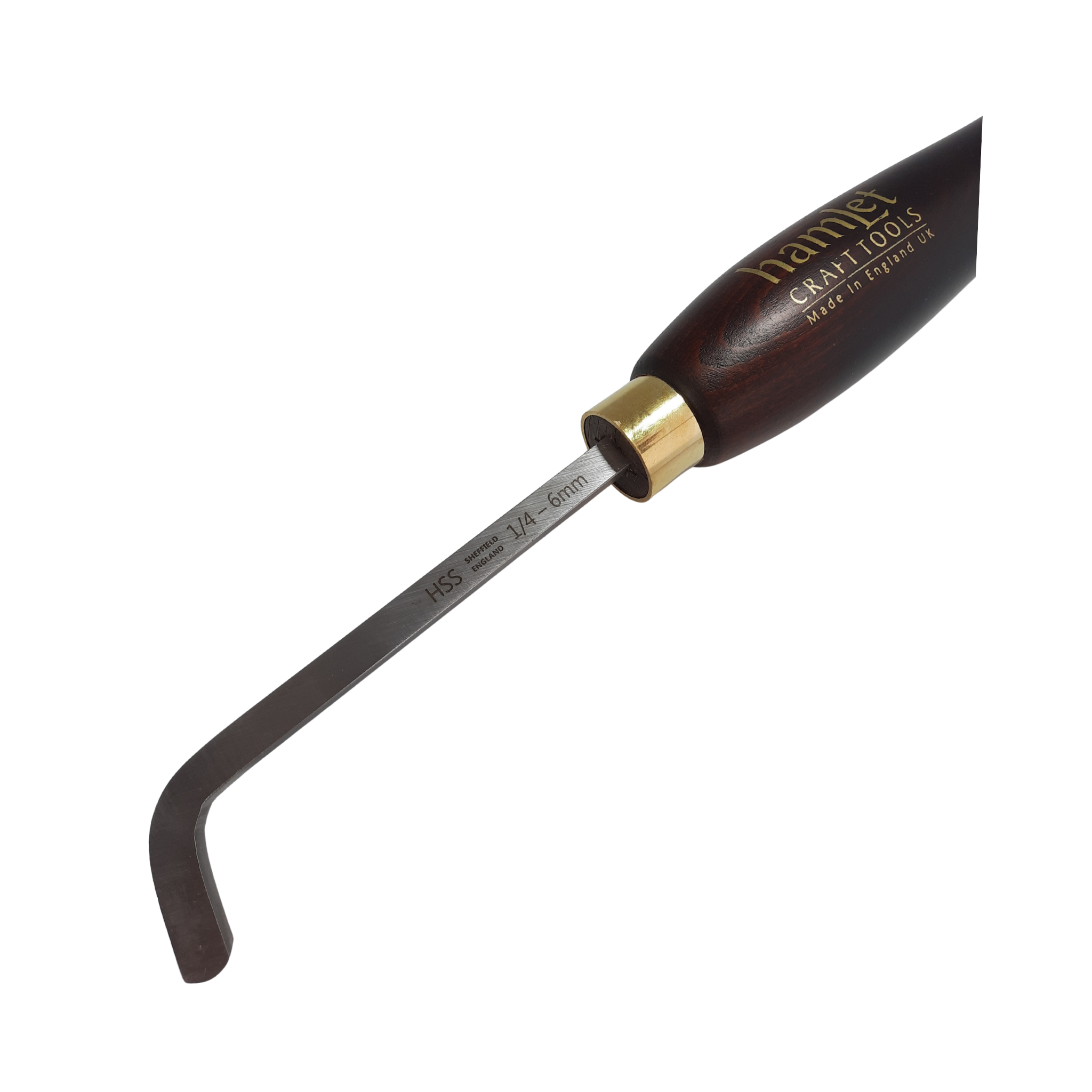 close up of high speed steel woodturning square  hollowing tool bent at 80 degrees with wooden handle on a white background