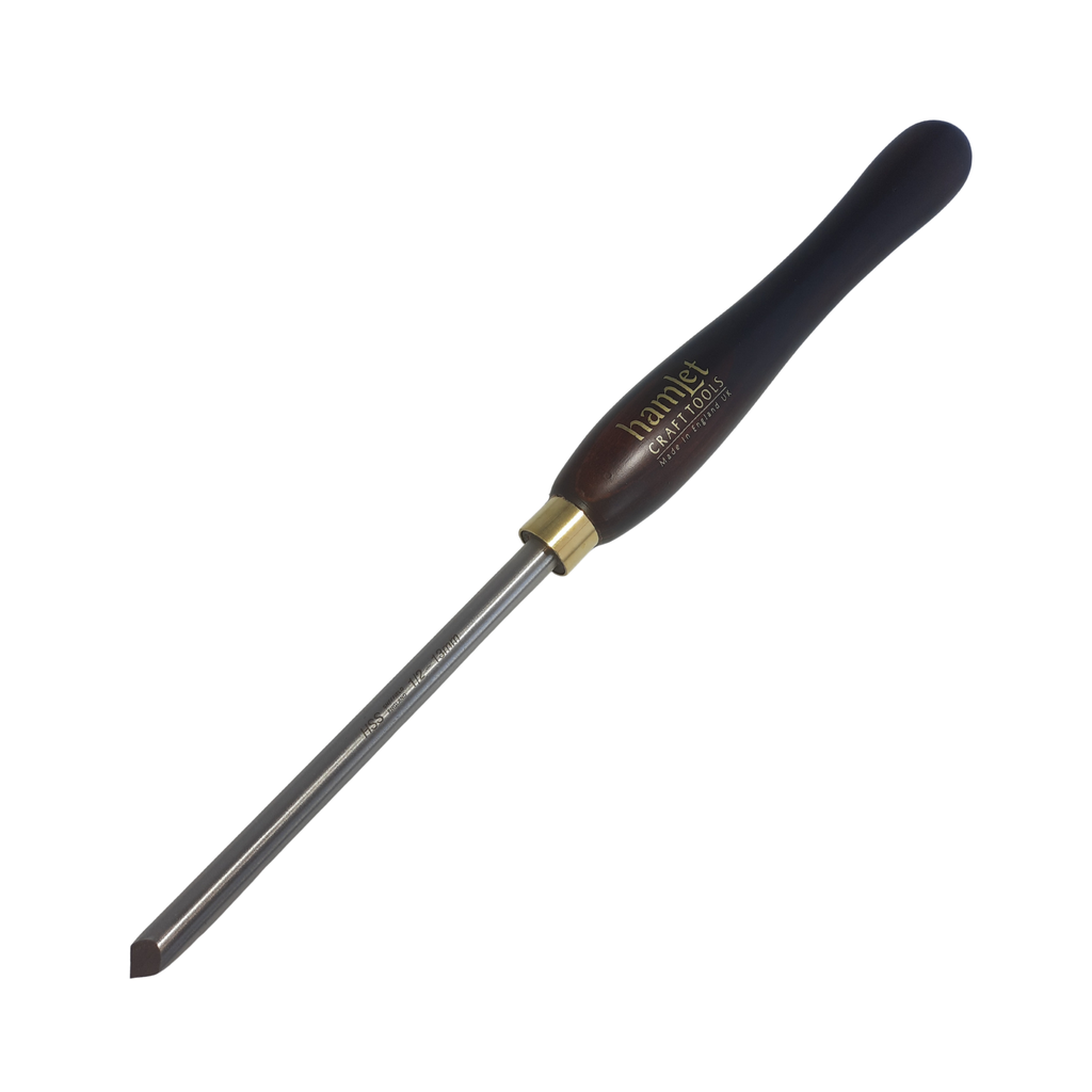high speed steel woodturning point tool with wooden handle on a white background