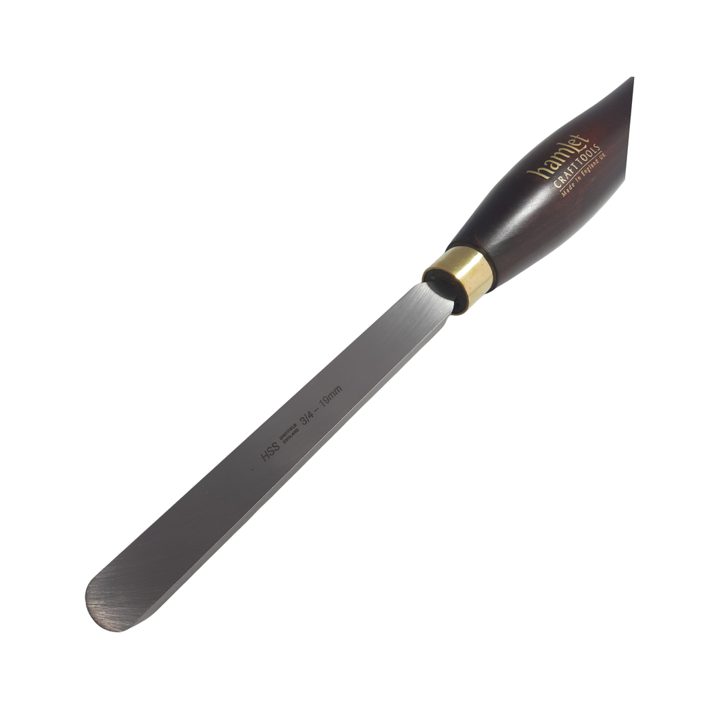 close up of high speed steel woodturning domed scraper with wooden handle on a white background