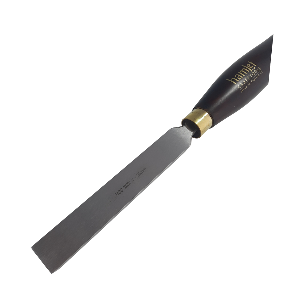 close up of high speed steel woodturning square scraper with wooden handle on a white background