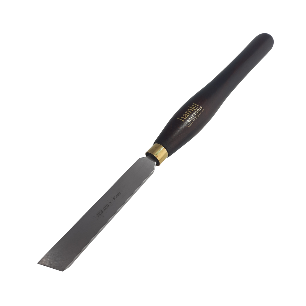high speed steel woodturning left hand skew scraper with wooden handle on a white background