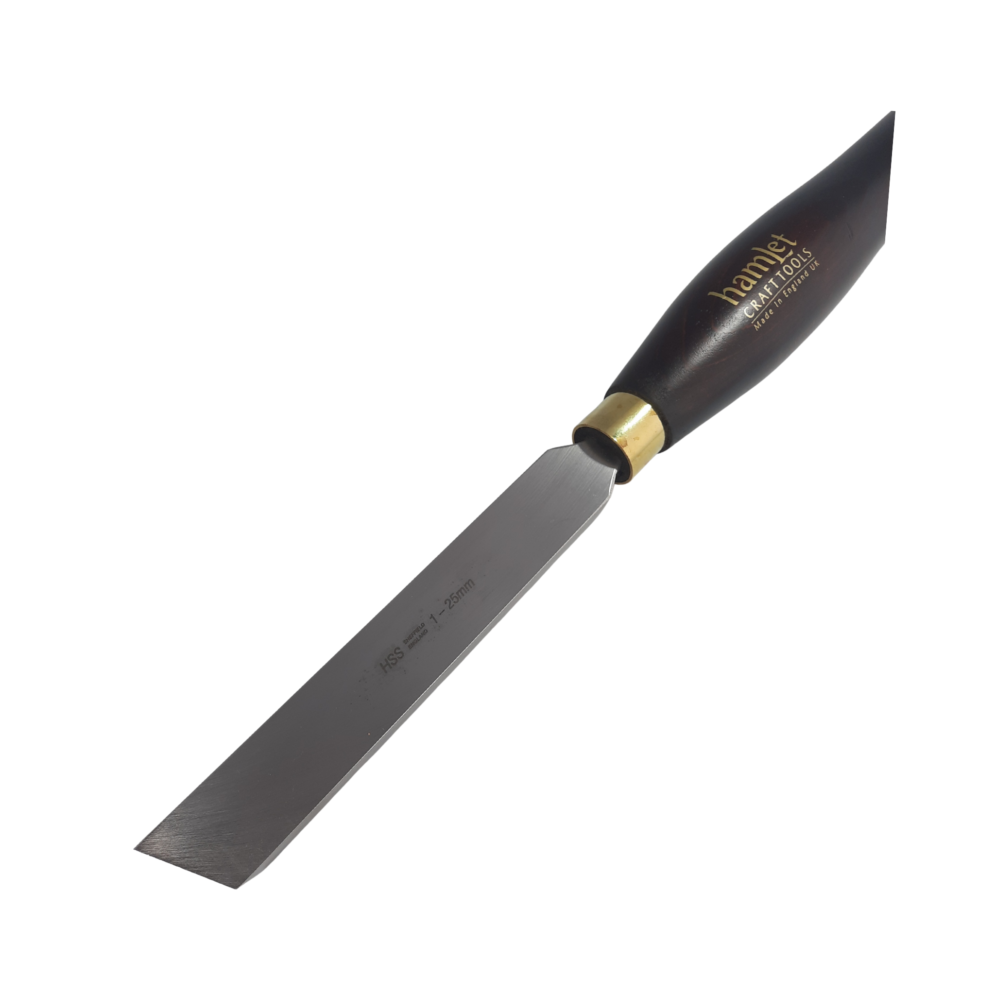 close up of high speed steel woodturning left hand skew scraper with wooden handle on a white background