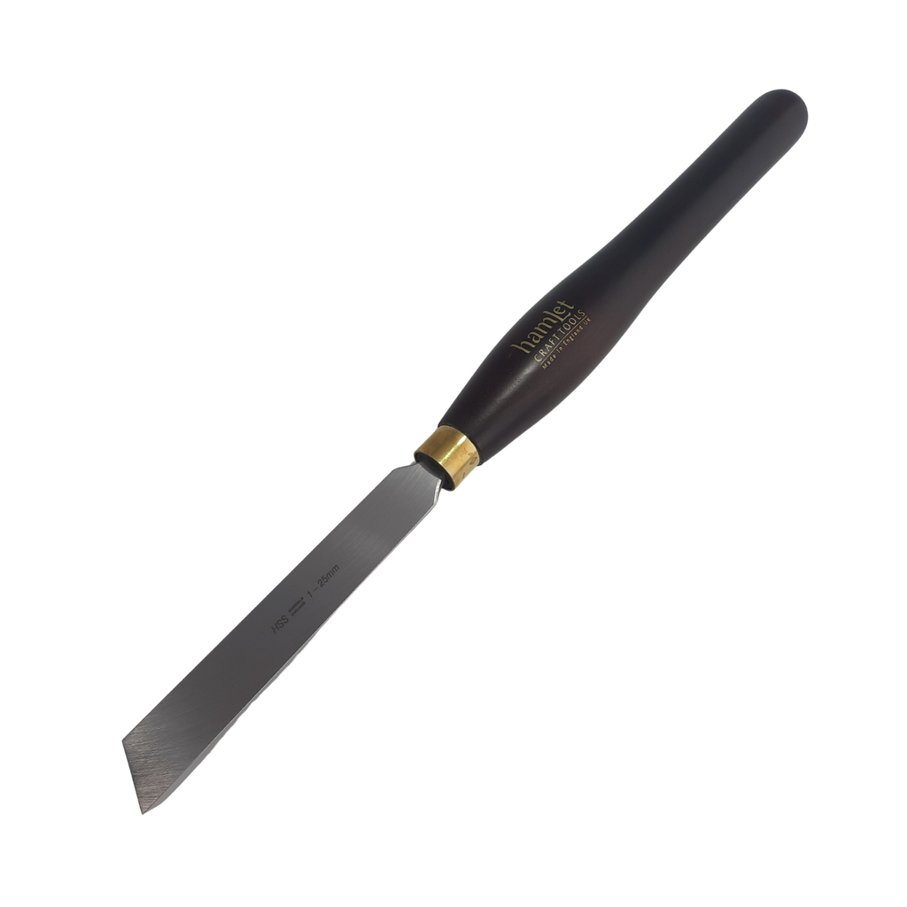 high speed steel woodturning right hand skew scraper with wooden handle on a white background
