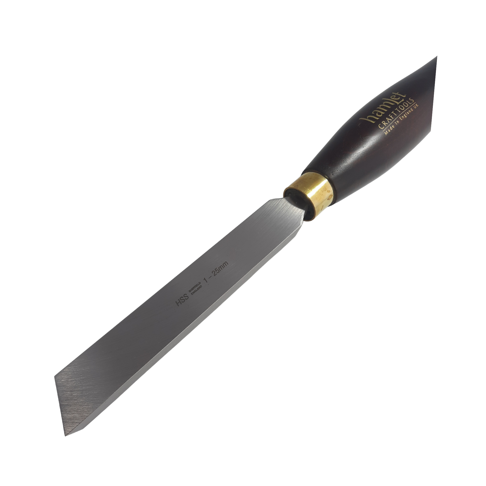 close up of high speed steel woodturning right hand skew scraper with wooden handle on a white background