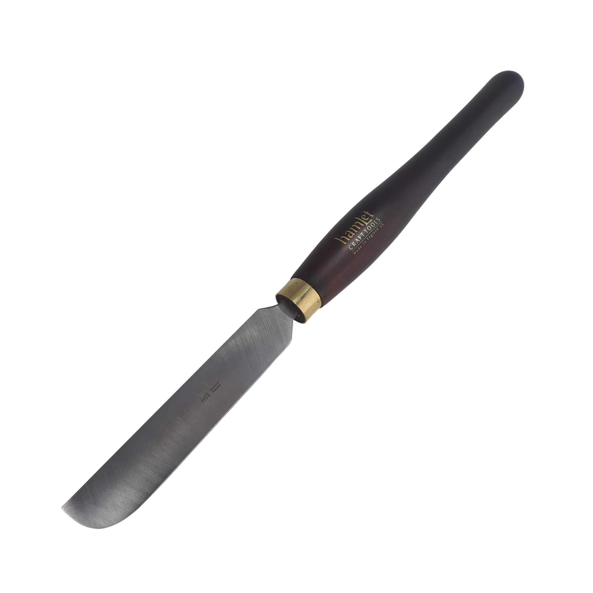 high speed steel woodturning bowl scraper with wooden handle on a white background