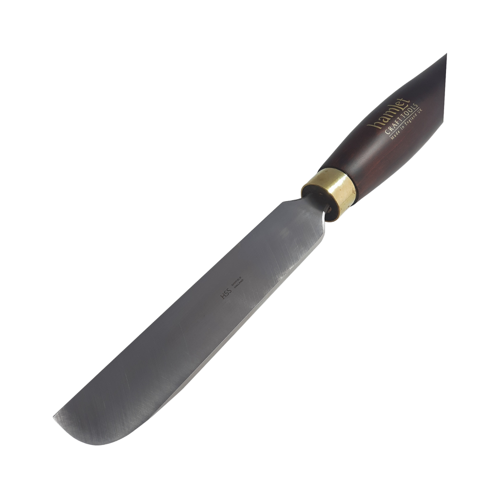 close up of high speed steel woodturning bowl scraper with wooden handle on a white background