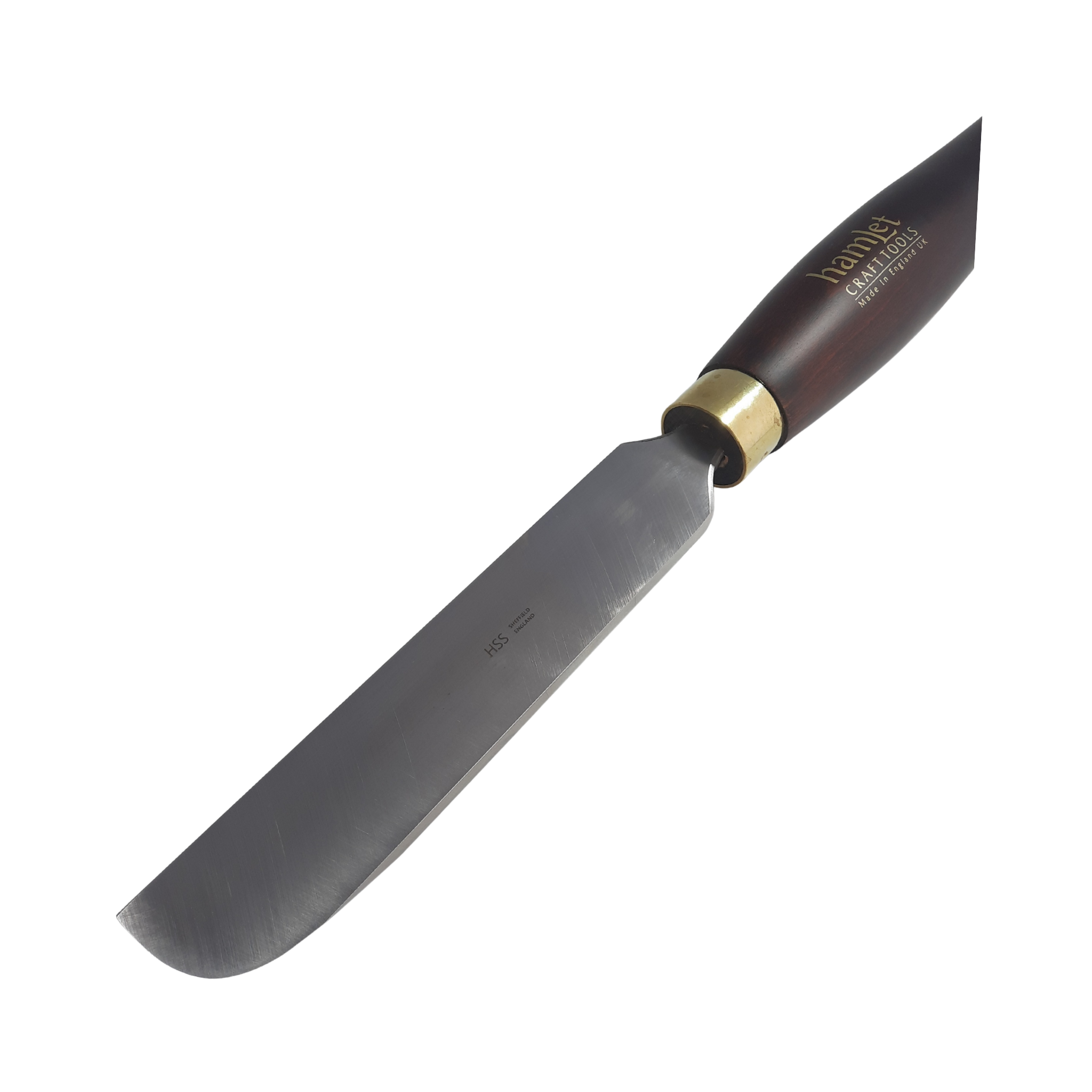 close up of high speed steel woodturning bowl scraper with wooden handle on a white background
