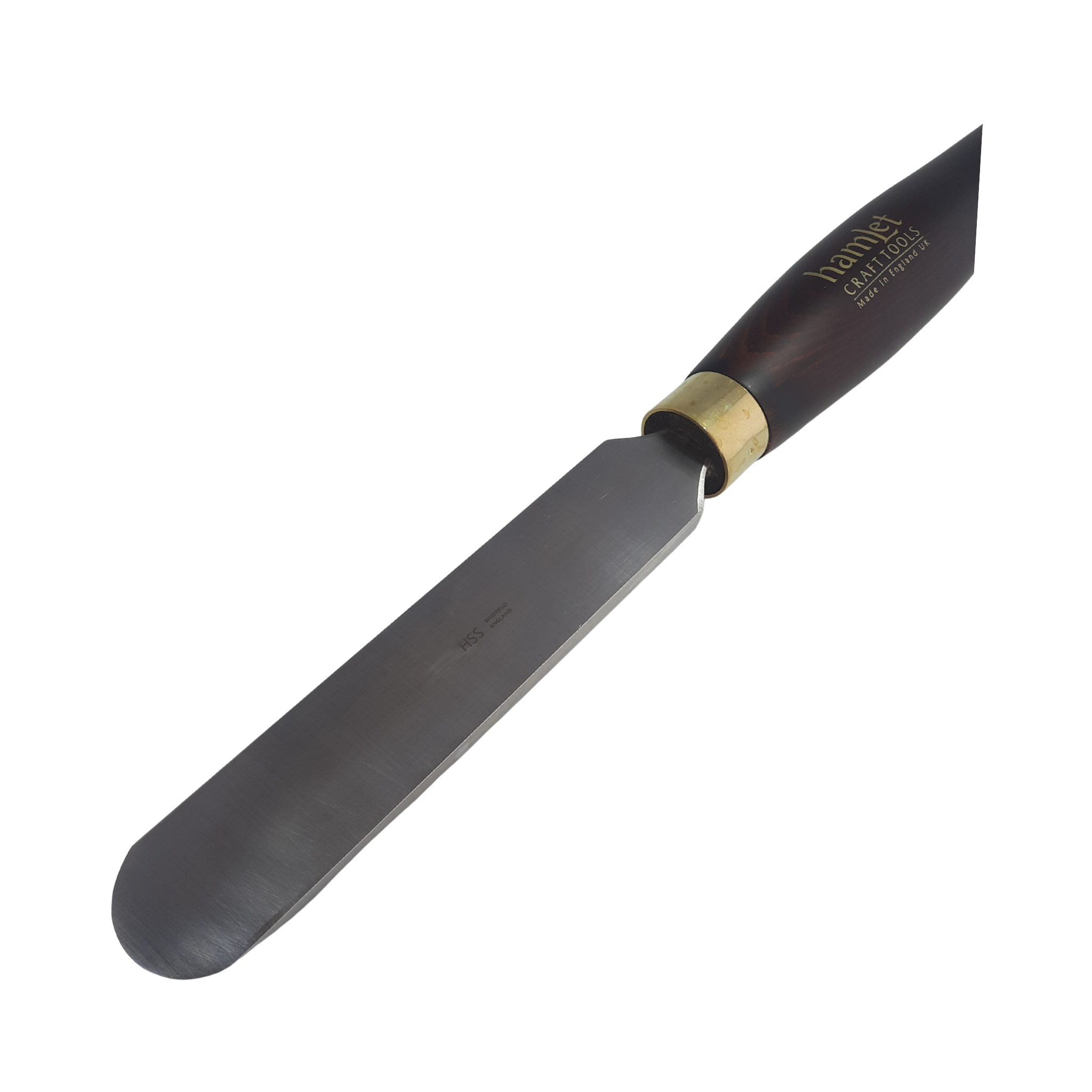 close up of high speed steel woodturning round scraper with wooden handle on a white background