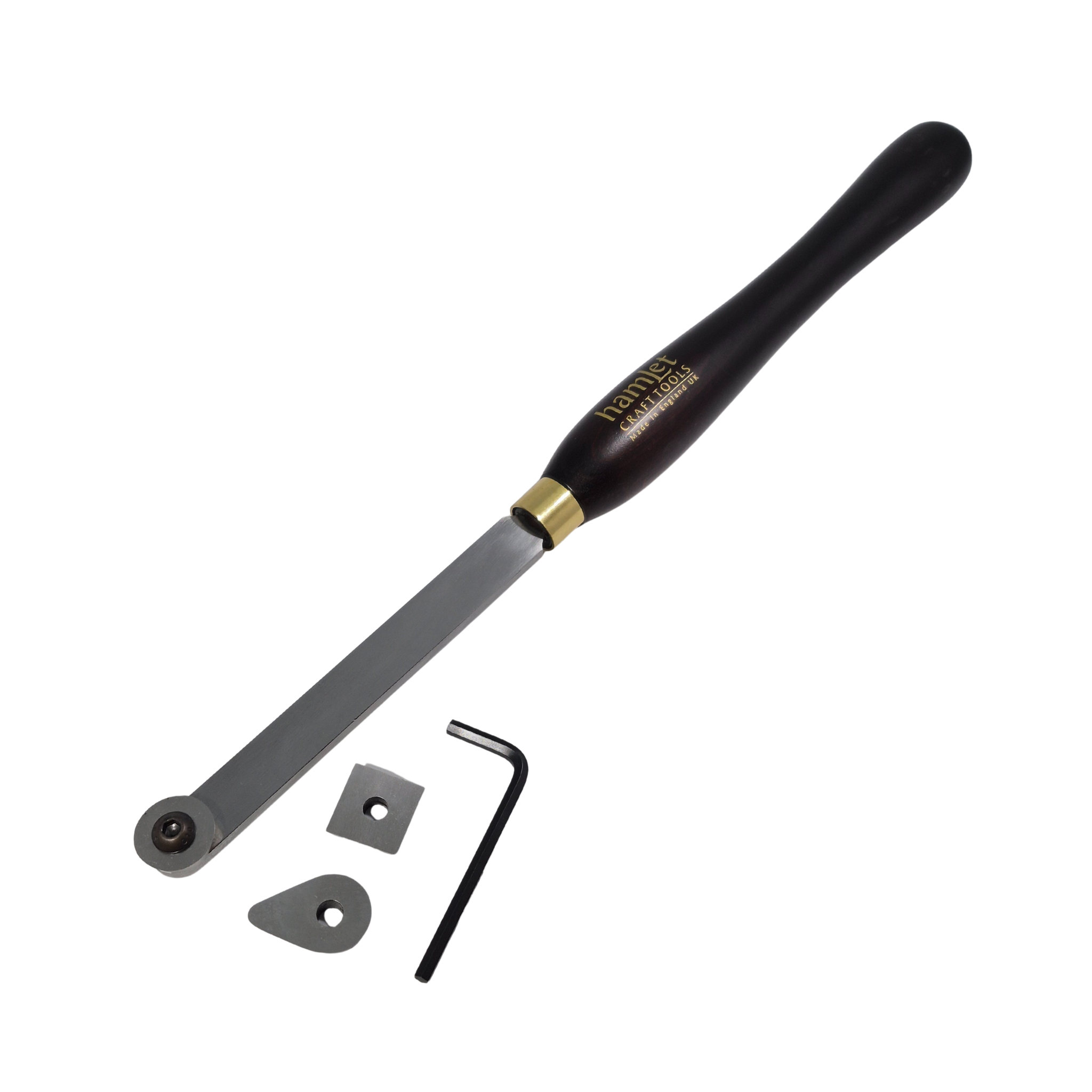 high speed steel woodturning scraper with three tips, allen key and wooden handle on a white background