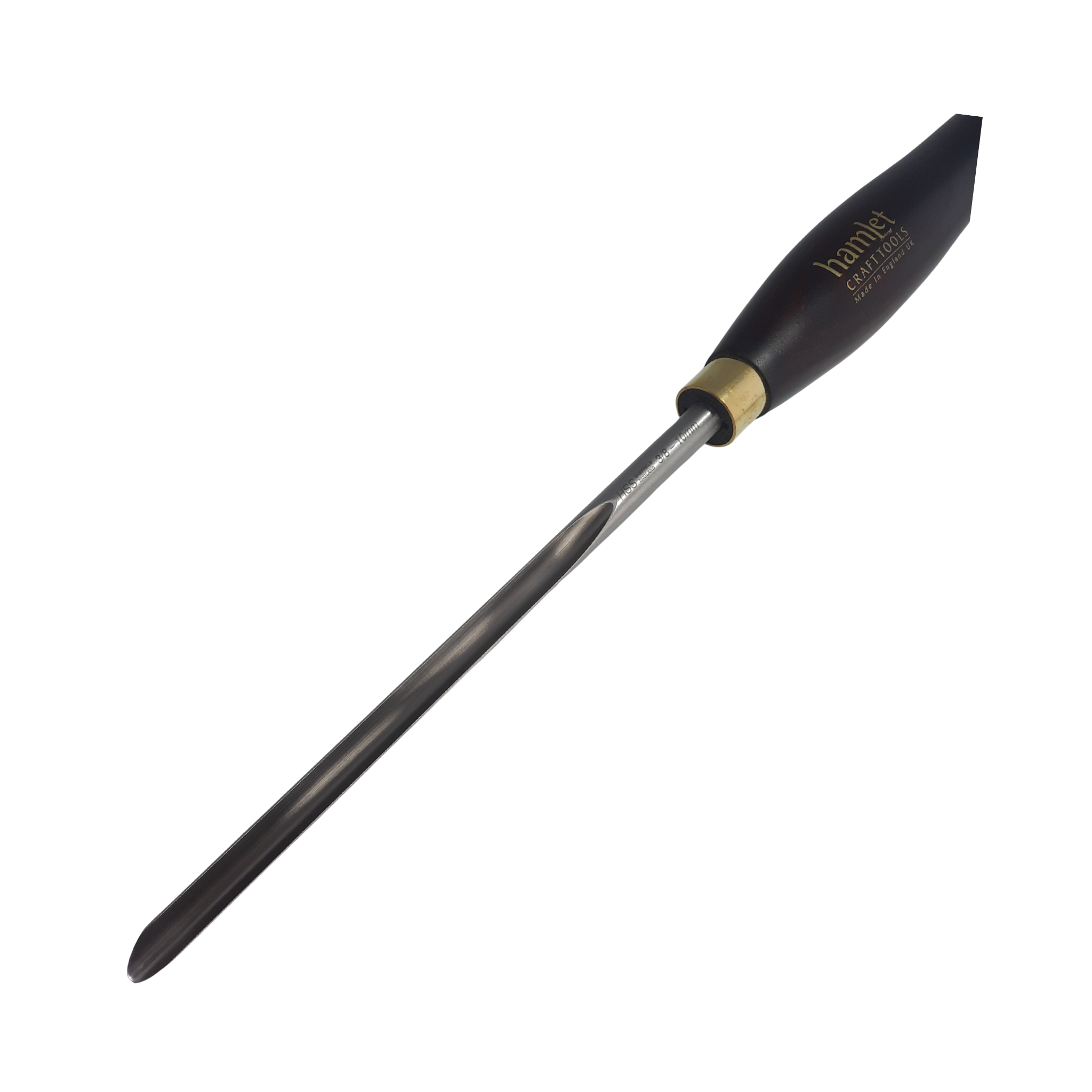 close up of high speed steel 3/8" woodturning masterflute gouge with fingernail grind and wooden handle on a white background