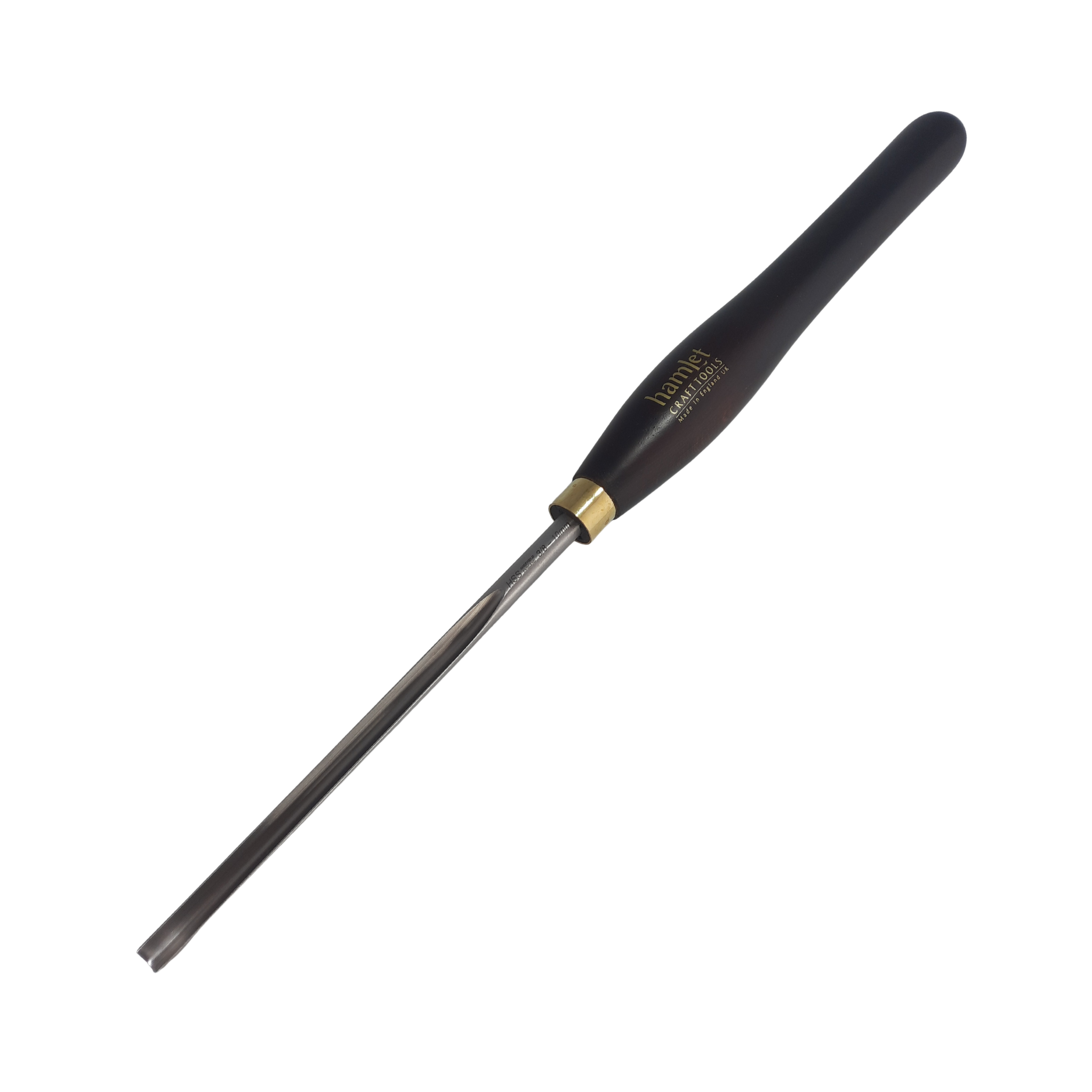 high speed steel 3/8" woodturning masterflute gouge with wooden handle on a white background