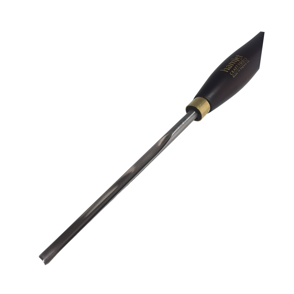 close up of high speed steel 3/8" woodturning masterflute gouge with wooden handle on a white background