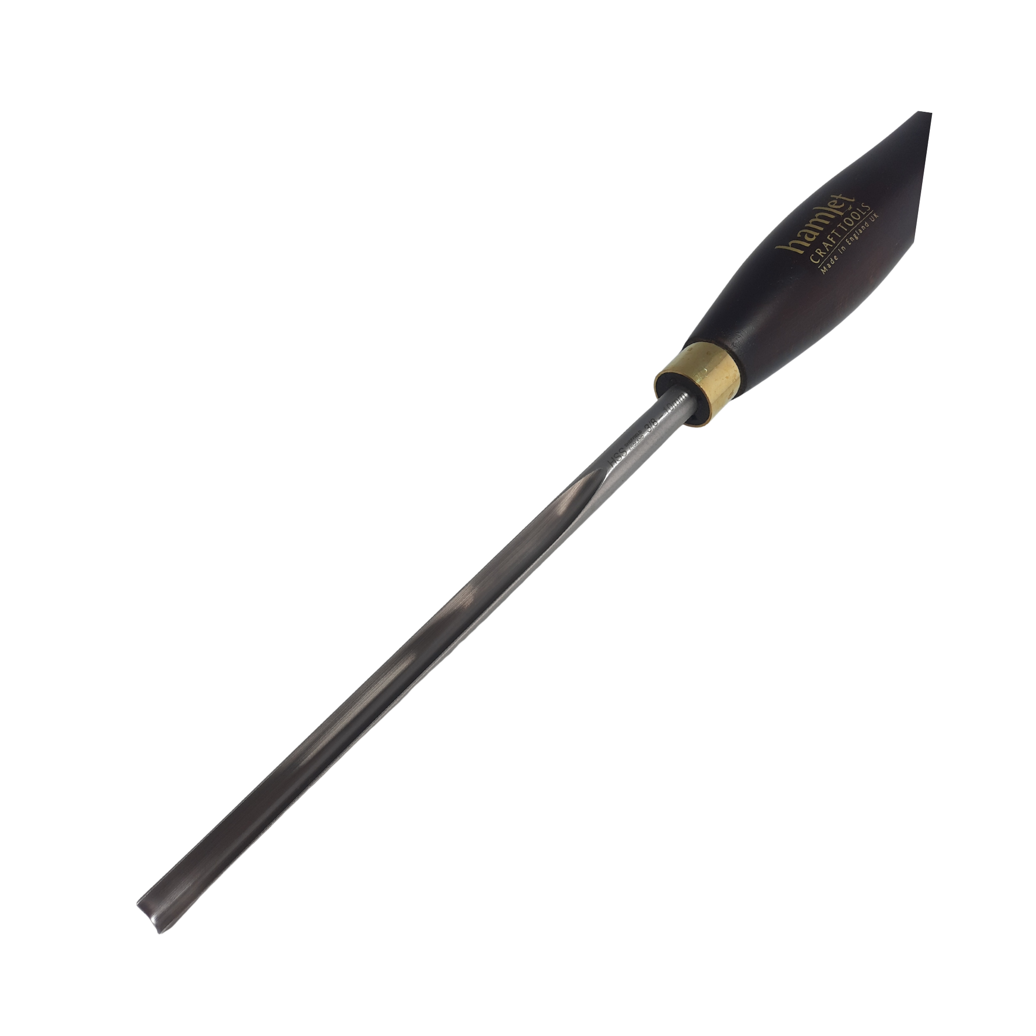 close up of high speed steel 3/8" woodturning masterflute gouge with wooden handle on a white background
