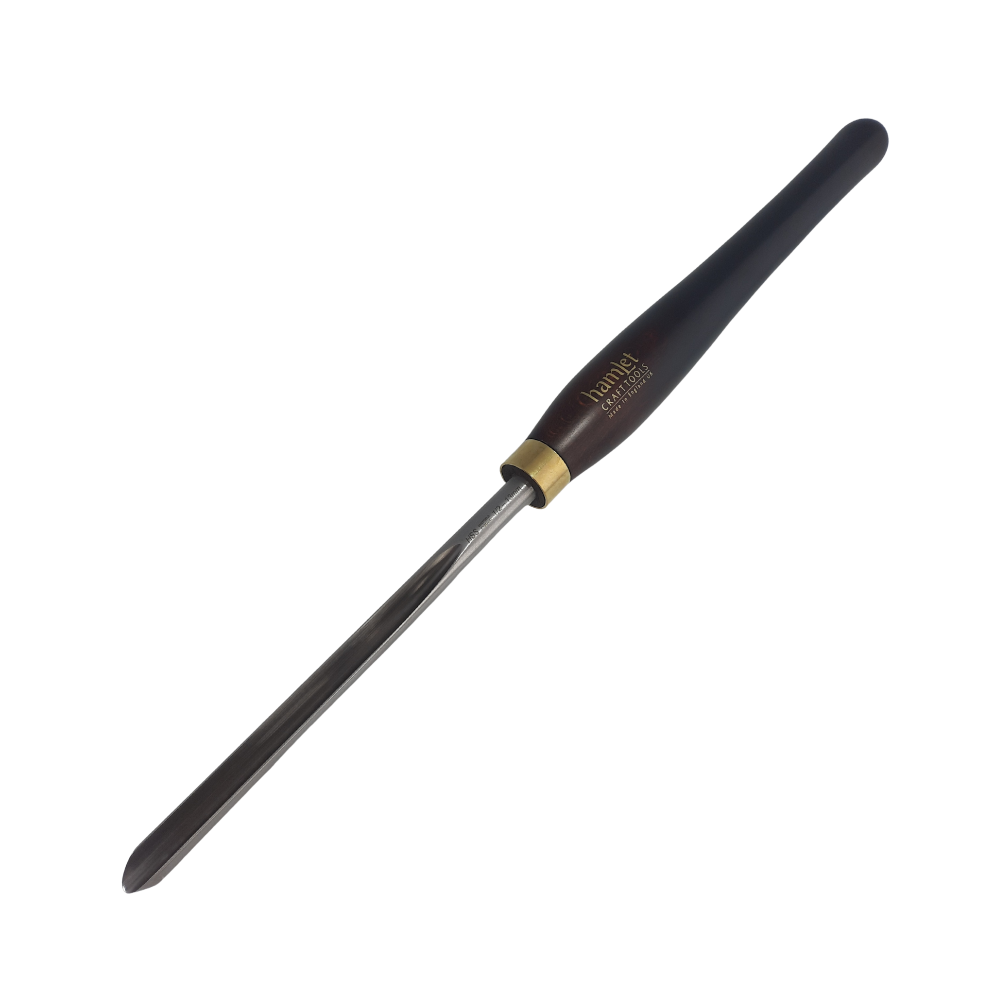 high speed steel 1/2" woodturning masterflute gouge with fingernail grind and wooden handle on a white background