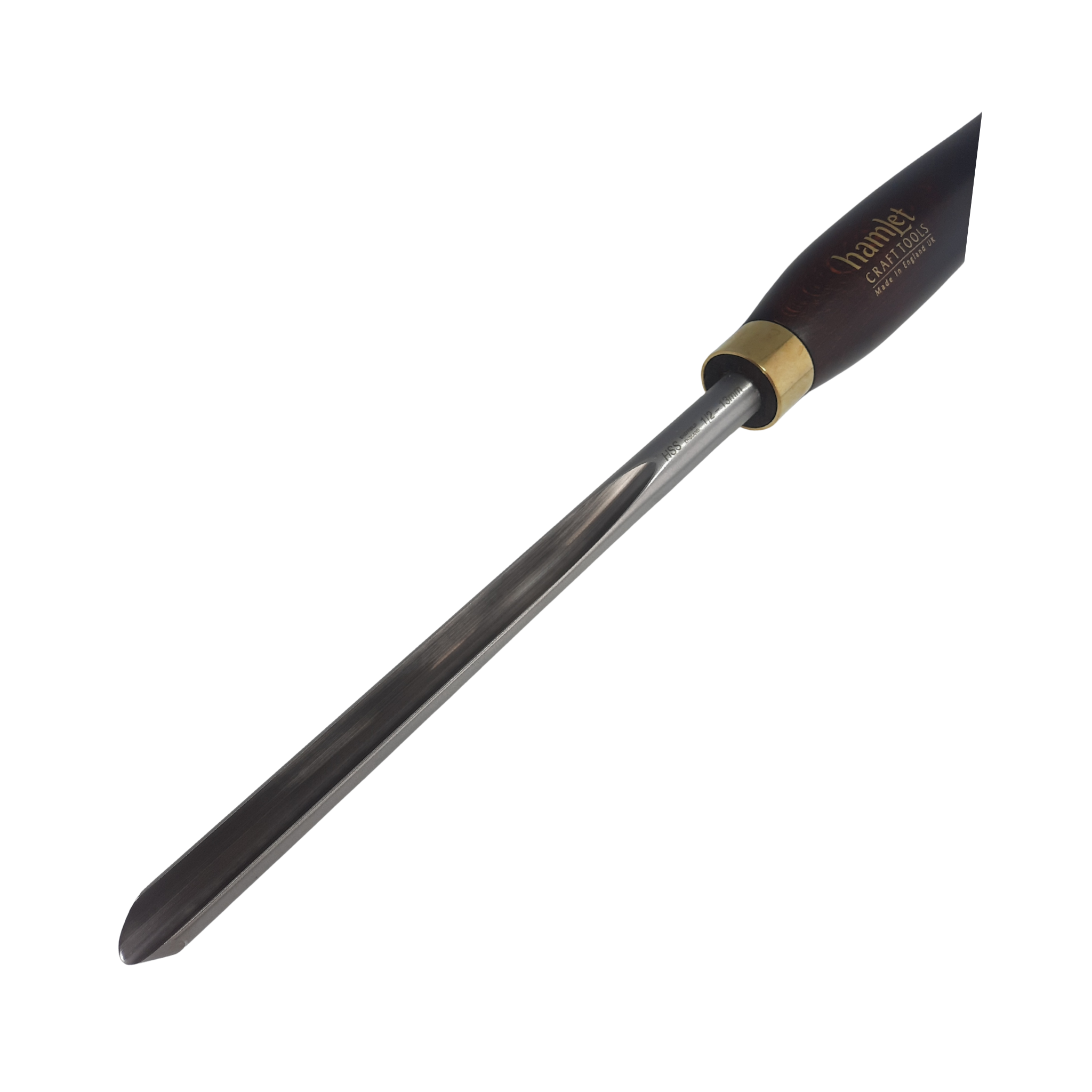 close up of high speed steel 1/2" woodturning masterflute gouge with fingernail grind and wooden handle on a white background