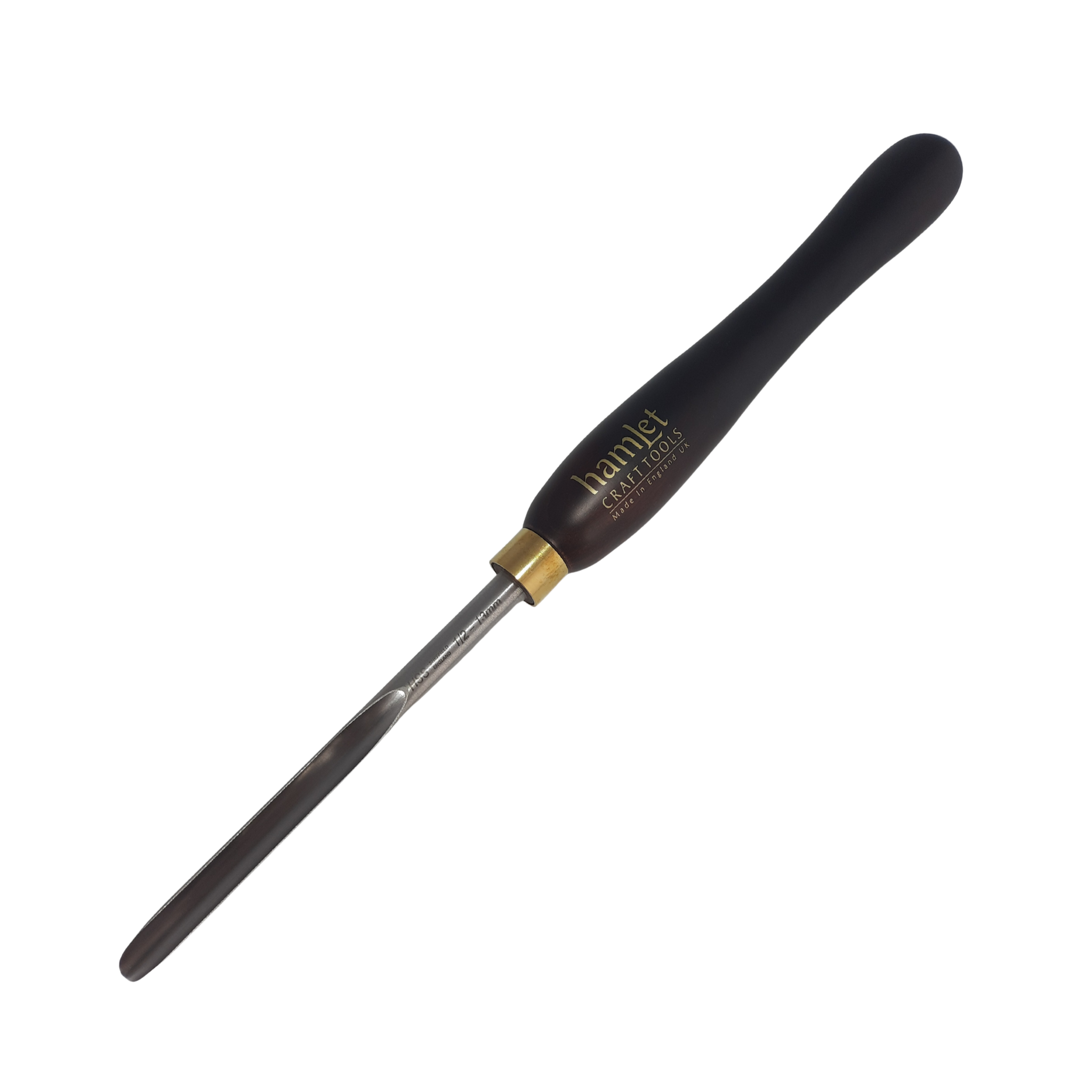 high speed steel woodturning detail gouge with wooden handle on a white background