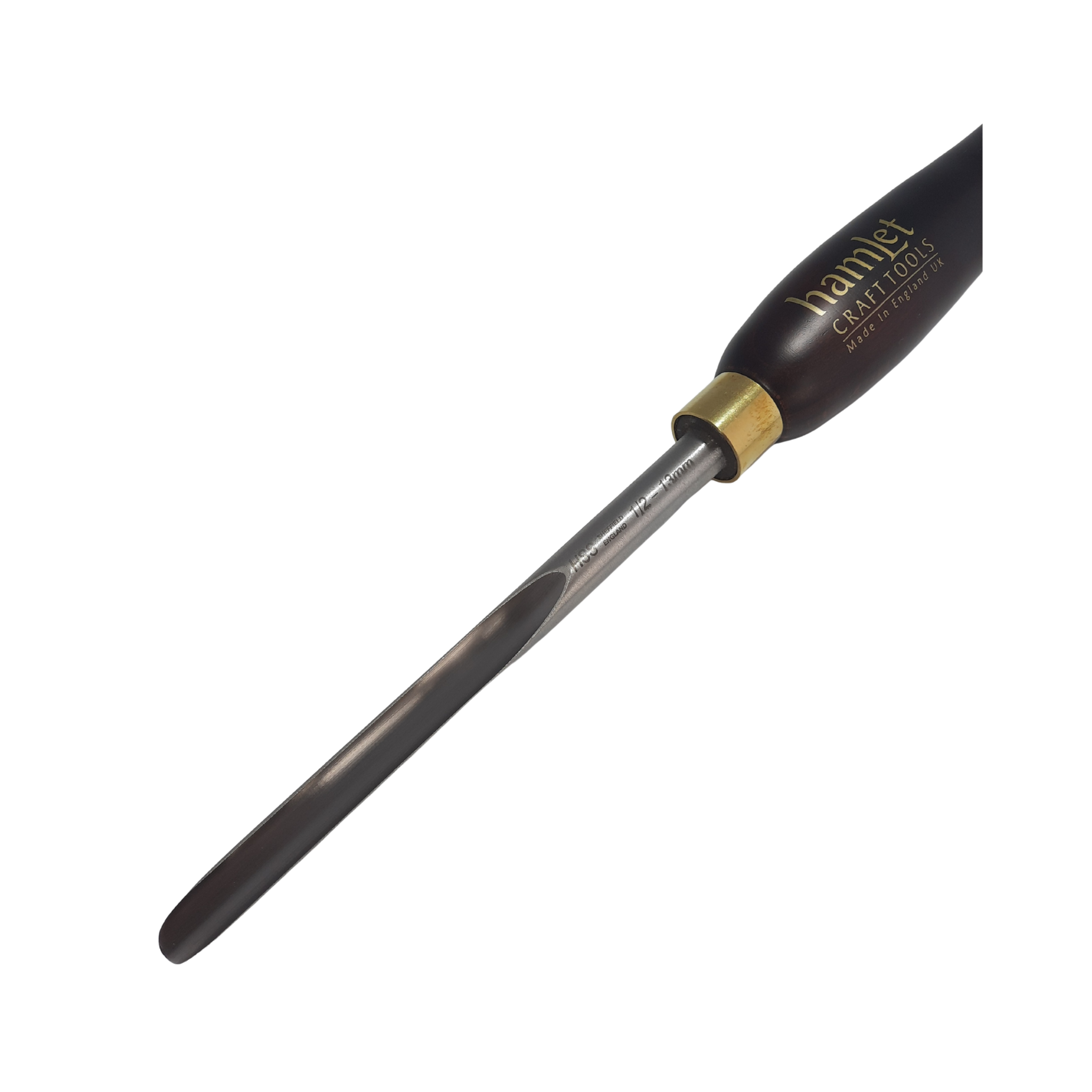 close up of high speed steel woodturning detail gouge with wooden handle on a white background
