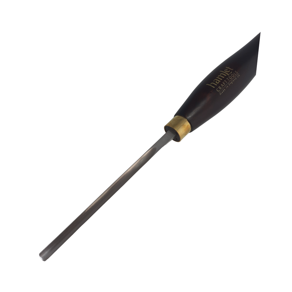close up of high speed steel woodturning L&S detail gouge with wooden handle on a white background